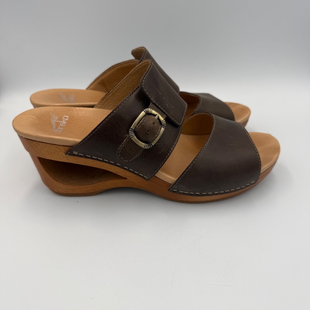 Dansko Tawny Brown Leather Buckle Slide Sandals Wedge Clog Heel Women Size 41